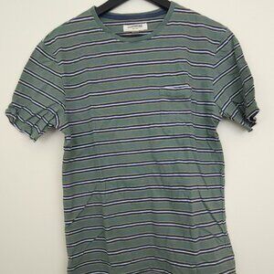 Green Striped Short Sleeve Men's Pocket Tee Shirt Cotton Medium